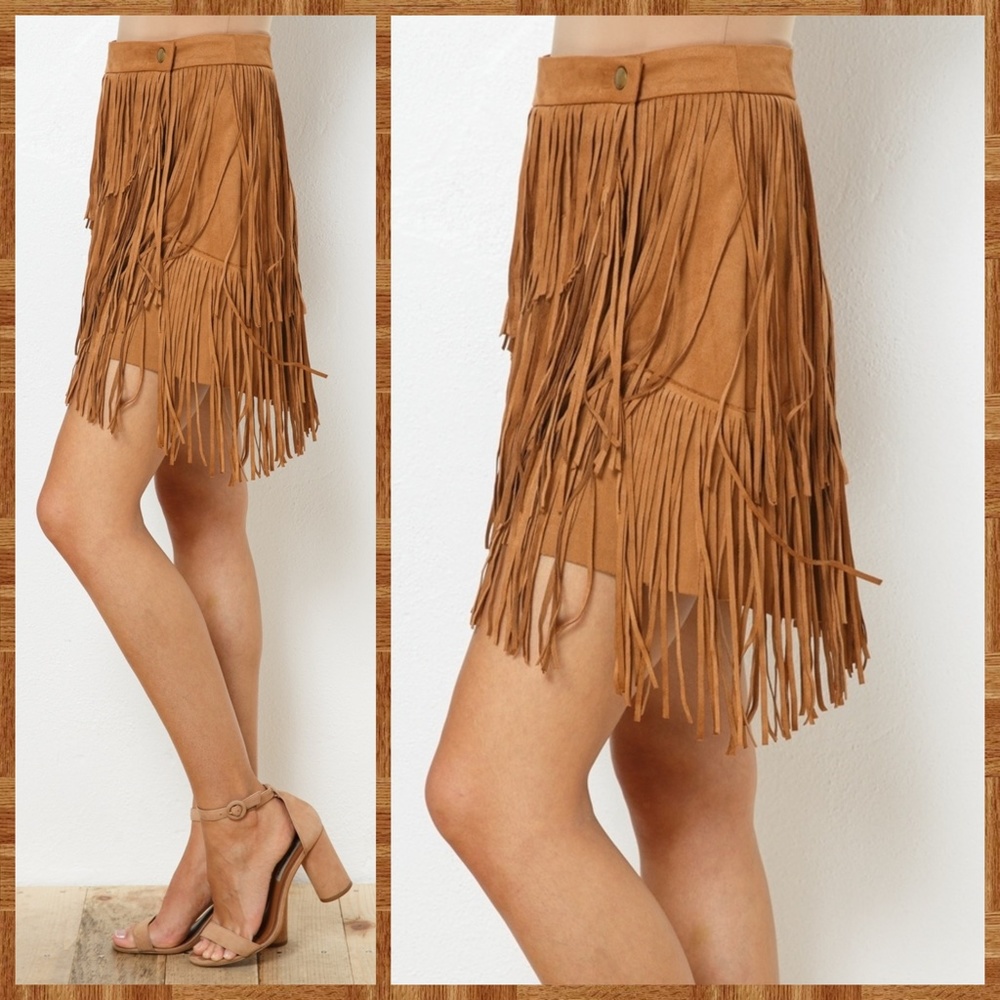Sexy Faux Suede Mini Skirt Asymmetrical Fringe Details Banded Waistband - Picture 4 of 13